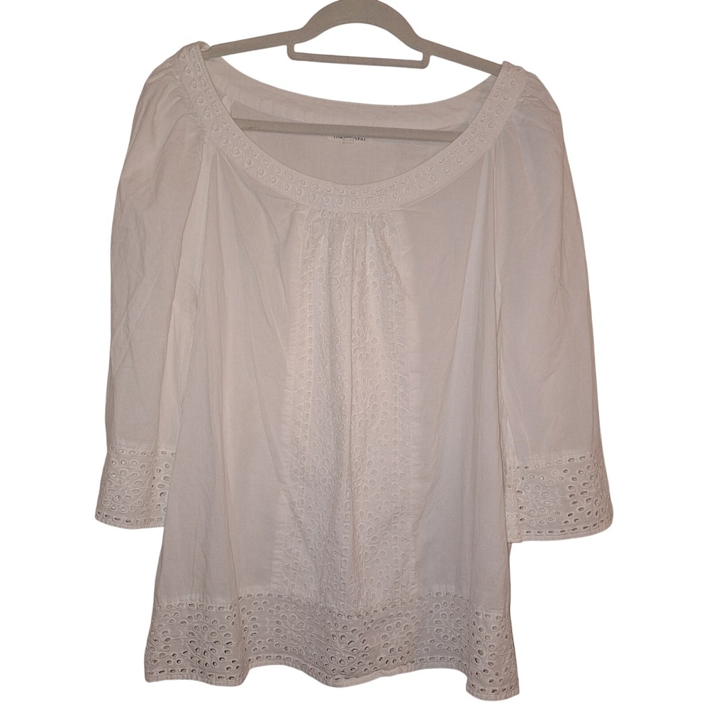 Indigo Soul White Eyelet Cotton‎ Blouse 2XL Boho Peasant Top 3/4 Sleeve
